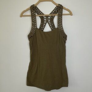 Olive Green Knit Tank bra Camisole Top w/ Crochet Macrame Racerback Straps